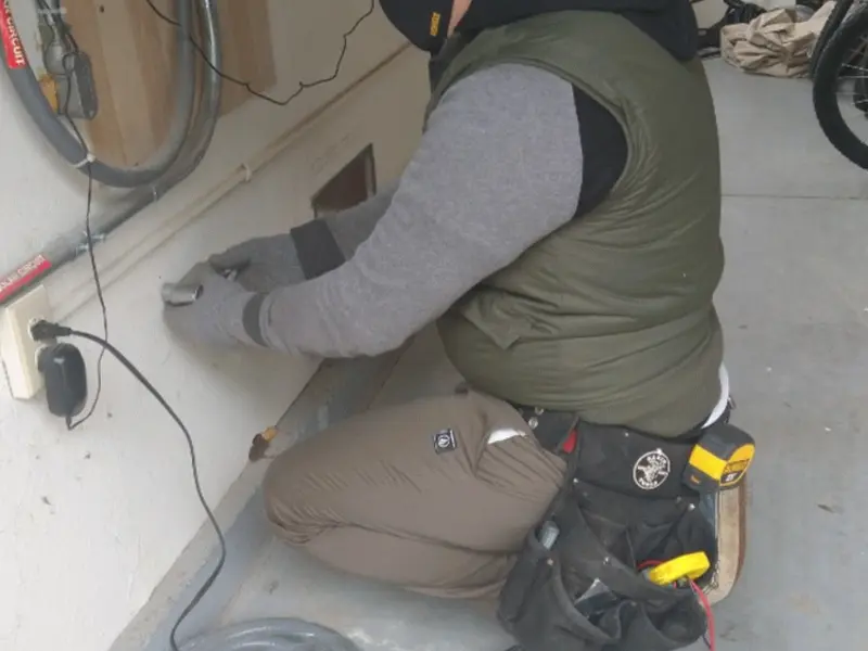 Electrician performing outlet wiring in a Seal Beach garage